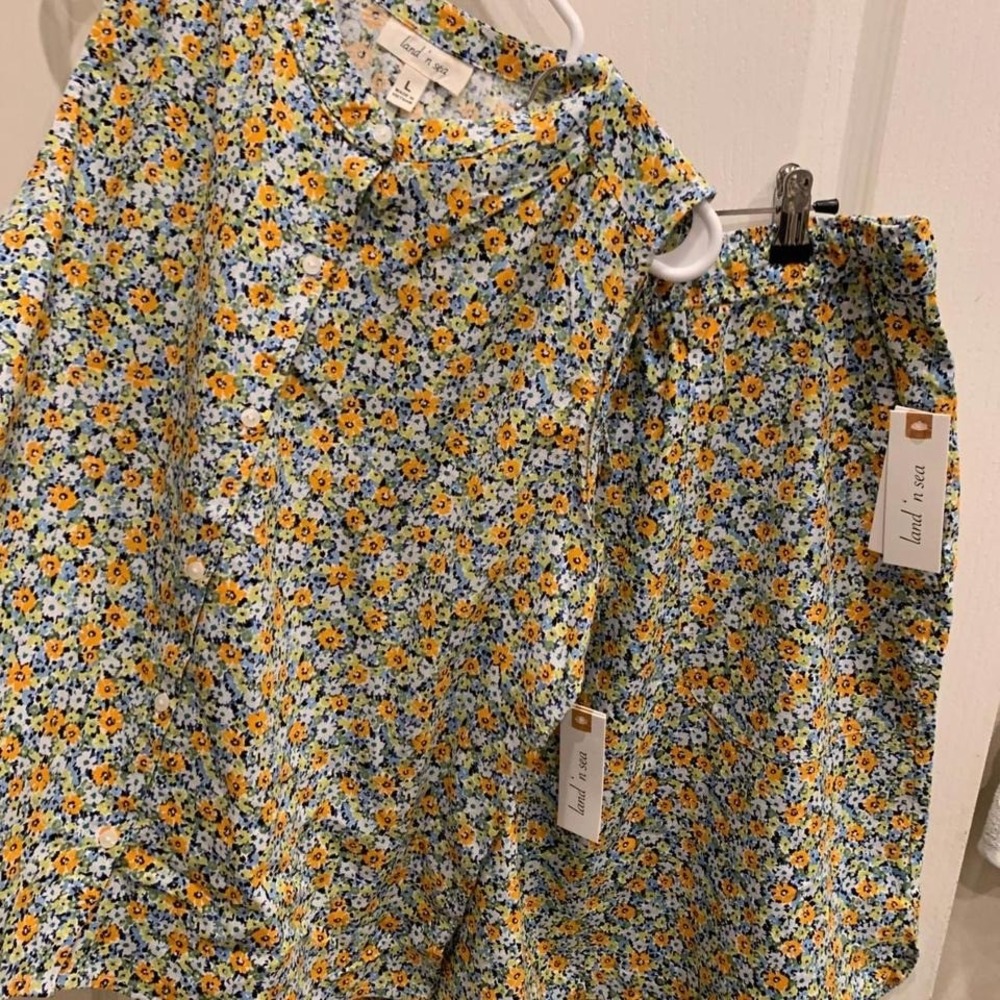 Land N' Sea Floral Sleeveless Shirt and Skirt Set Linen/Rayon‎ Sz L